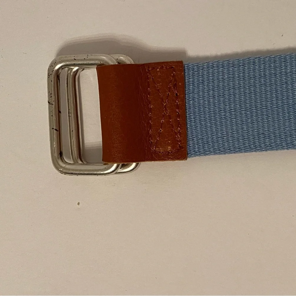 J. McLAUGHLIN BELT GOLF FLAG BLUE WEBBING YELLOW RIBBON BROWN LEATHER SIZE S USA